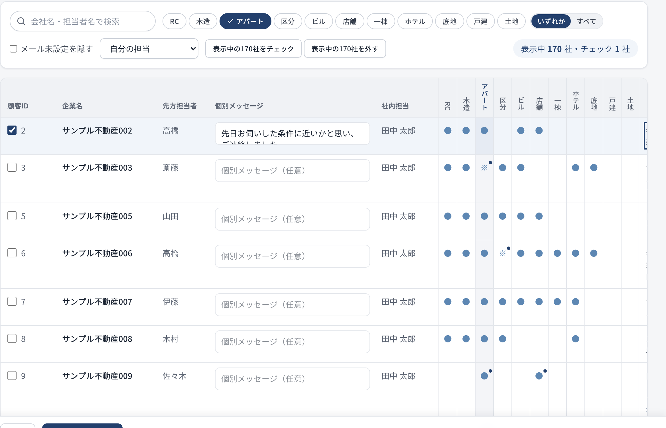 宛先を選ぶ画面。タグで絞り込み、会社ごとの行に個別メッセージを書く